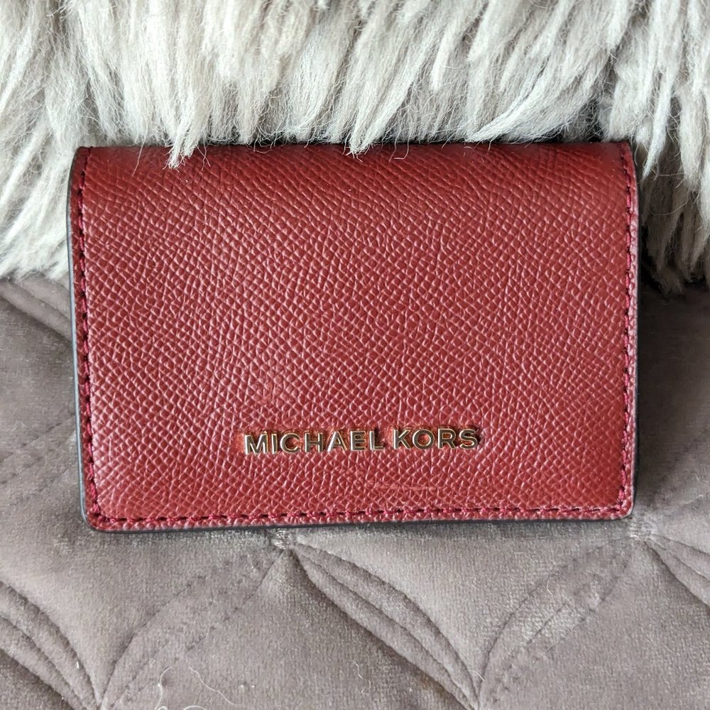 NWT Michael Kors Jet Set small Flap Card Case brandy/pink leather